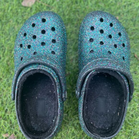 CROCS CLASSIC GLITTER LINED SHOE FUZZY Black Starry Skies Glitter size 6 - Picture 4 of 5